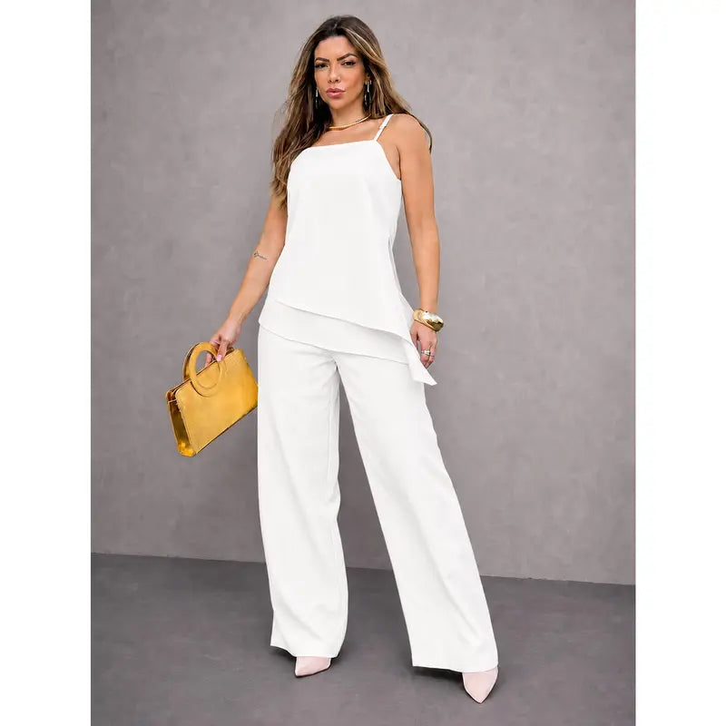 [COMPRE 1 E LEVE 3] Conjunto Feminino de Alfaiataria com Blusa de Alças e Calça Pantalona + Bolsa Transversal de Brinde