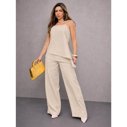 [COMPRE 1 E LEVE 3] Conjunto Feminino de Alfaiataria com Blusa de Alças e Calça Pantalona + Bolsa Transversal de Brinde