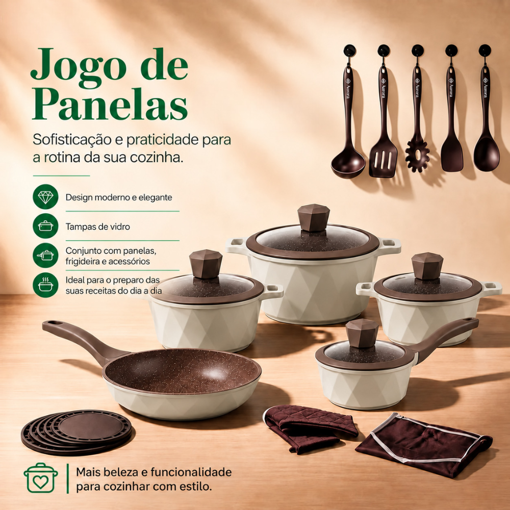 [22 PEÇAS] Jogo de Panelas Antiaderentes com Revestimento Cerâmico e Tampas de Vidro + Conjunto de Potes Herméticos de Brinde