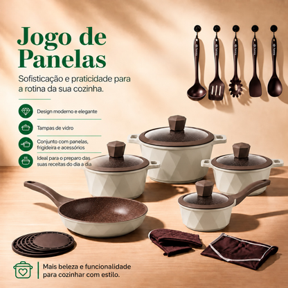 [22 PEÇAS] Jogo de Panelas Antiaderentes com Revestimento Cerâmico e Tampas de Vidro + Conjunto de Potes Herméticos de Brinde