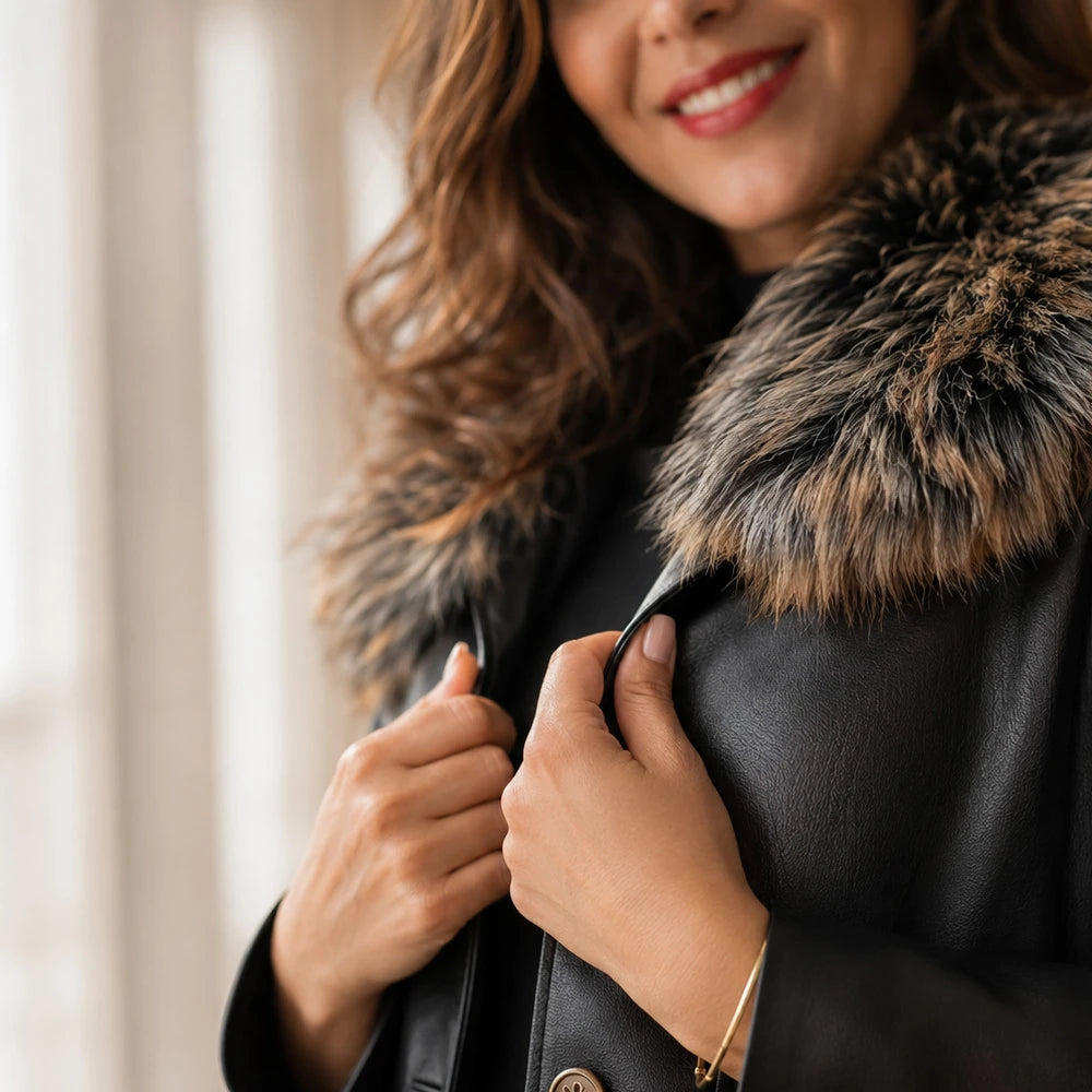 [COMPRE 1 E LEVE 2] Jaqueta Isabella de Couro Legítimo e Lã com Interior Forrado + Necessaire Organizadora de Brinde