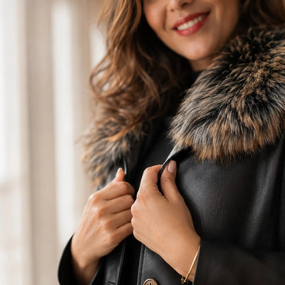 [COMPRE 1 E LEVE 2] Jaqueta Isabella de Couro Legítimo e Lã com Interior Forrado + Necessaire Organizadora de Brinde