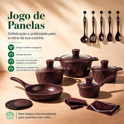 [22 PEÇAS] Jogo de Panelas Antiaderentes com Revestimento Cerâmico e Tampas de Vidro + Conjunto de Potes Herméticos de Brinde