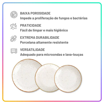 [18 PEÇAS] Aparelho de Jantar de Porcelana Rústica para 6 Pessoas + Conjunto de Bowls para Sopa de Brinde