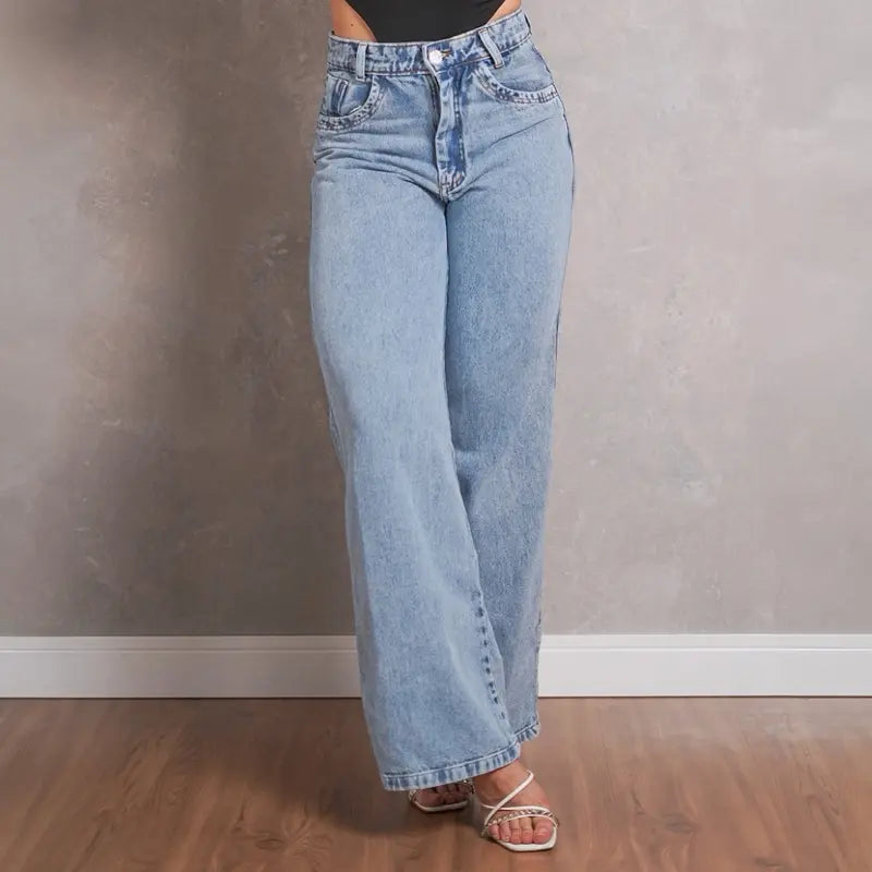 [COMPRE 2 E LEVE 4] Calça Jeans Wide Leg Feminina de Cintura Alta + Blusa de Manga Curta em Ribana Canelada de Brinde