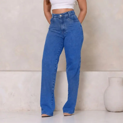 [COMPRE 2 E LEVE 4] Calça Jeans Wide Leg Feminina de Cintura Alta + Blusa de Manga Curta em Ribana Canelada de Brinde