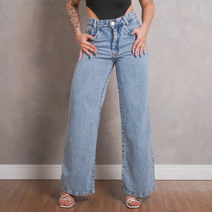 [COMPRE 2 E LEVE 4] Calça Jeans Wide Leg Feminina de Cintura Alta + Blusa de Manga Curta em Ribana Canelada de Brinde
