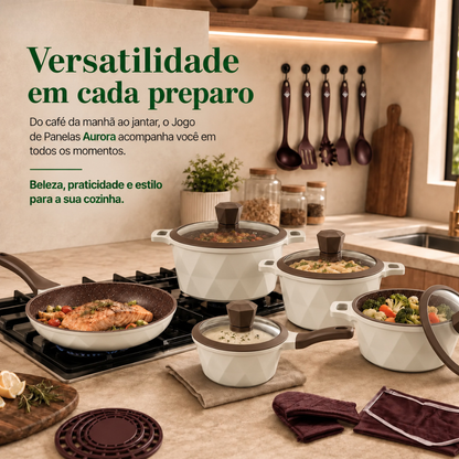 [22 PEÇAS] Jogo de Panelas Antiaderentes com Revestimento Cerâmico e Tampas de Vidro + Conjunto de Potes Herméticos de Brinde