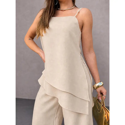 [COMPRE 1 E LEVE 3] Conjunto Feminino de Alfaiataria com Blusa de Alças e Calça Pantalona + Bolsa Transversal de Brinde