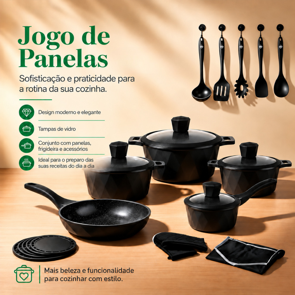 [22 PEÇAS] Jogo de Panelas Antiaderentes com Revestimento Cerâmico e Tampas de Vidro + Conjunto de Potes Herméticos de Brinde