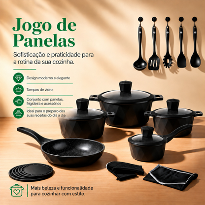[22 PEÇAS] Jogo de Panelas Antiaderentes com Revestimento Cerâmico e Tampas de Vidro + Conjunto de Potes Herméticos de Brinde