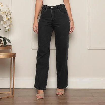 [COMPRE 2 E LEVE 4] Calça Jeans Wide Leg Feminina de Cintura Alta + Blusa de Manga Curta em Ribana Canelada de Brinde