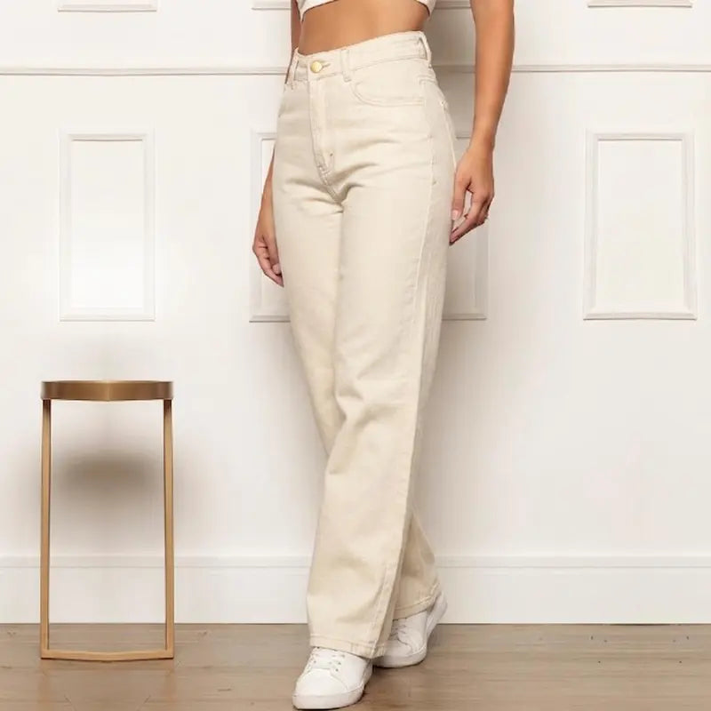 [COMPRE 2 E LEVE 4] Calça Jeans Wide Leg Feminina de Cintura Alta + Blusa de Manga Curta em Ribana Canelada de Brinde