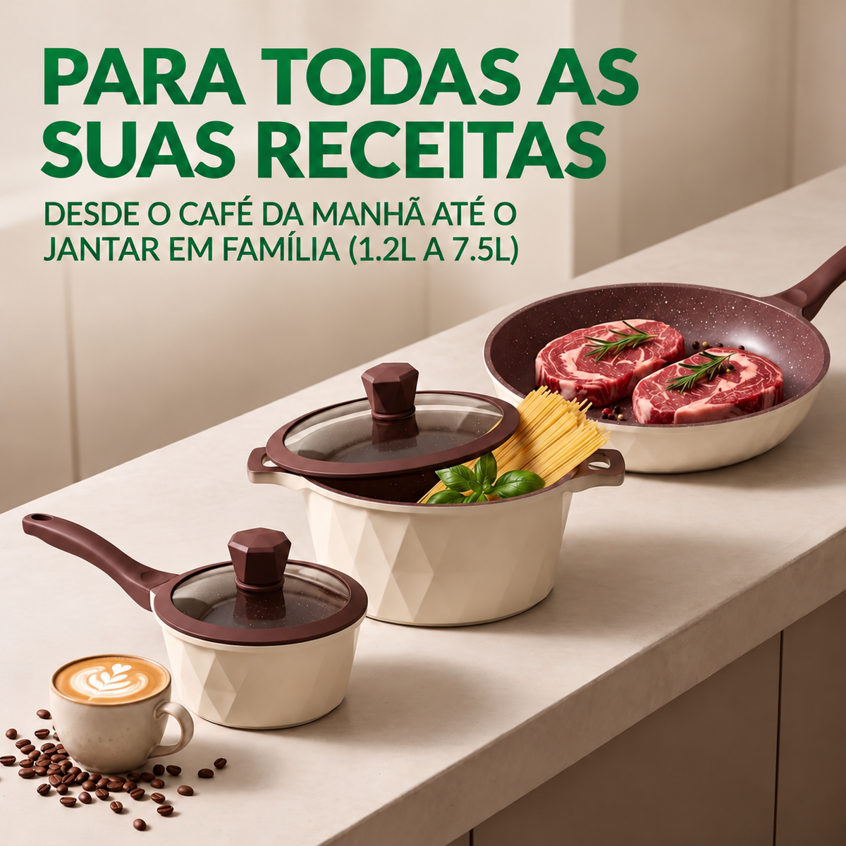 [22 PEÇAS] Jogo de Panelas Antiaderentes com Revestimento Cerâmico e Tampas de Vidro + Conjunto de Potes Herméticos de Brinde