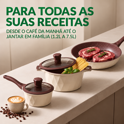 [22 PEÇAS] Jogo de Panelas Antiaderentes com Revestimento Cerâmico e Tampas de Vidro + Conjunto de Potes Herméticos de Brinde