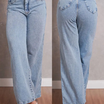 [COMPRE 2 E LEVE 4] Calça Jeans Wide Leg Feminina de Cintura Alta + Blusa de Manga Curta em Ribana Canelada de Brinde