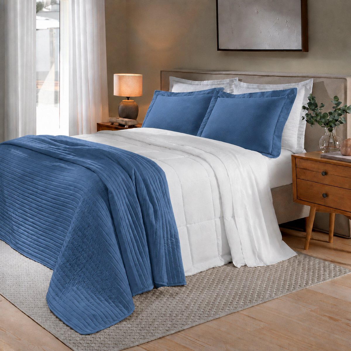 [10 PEÇAS] Jogo de Cama Siena 300 Fios 100% Algodão com Colcha e Manta Decorativa + Travesseiro de Cabeceira de Brinde