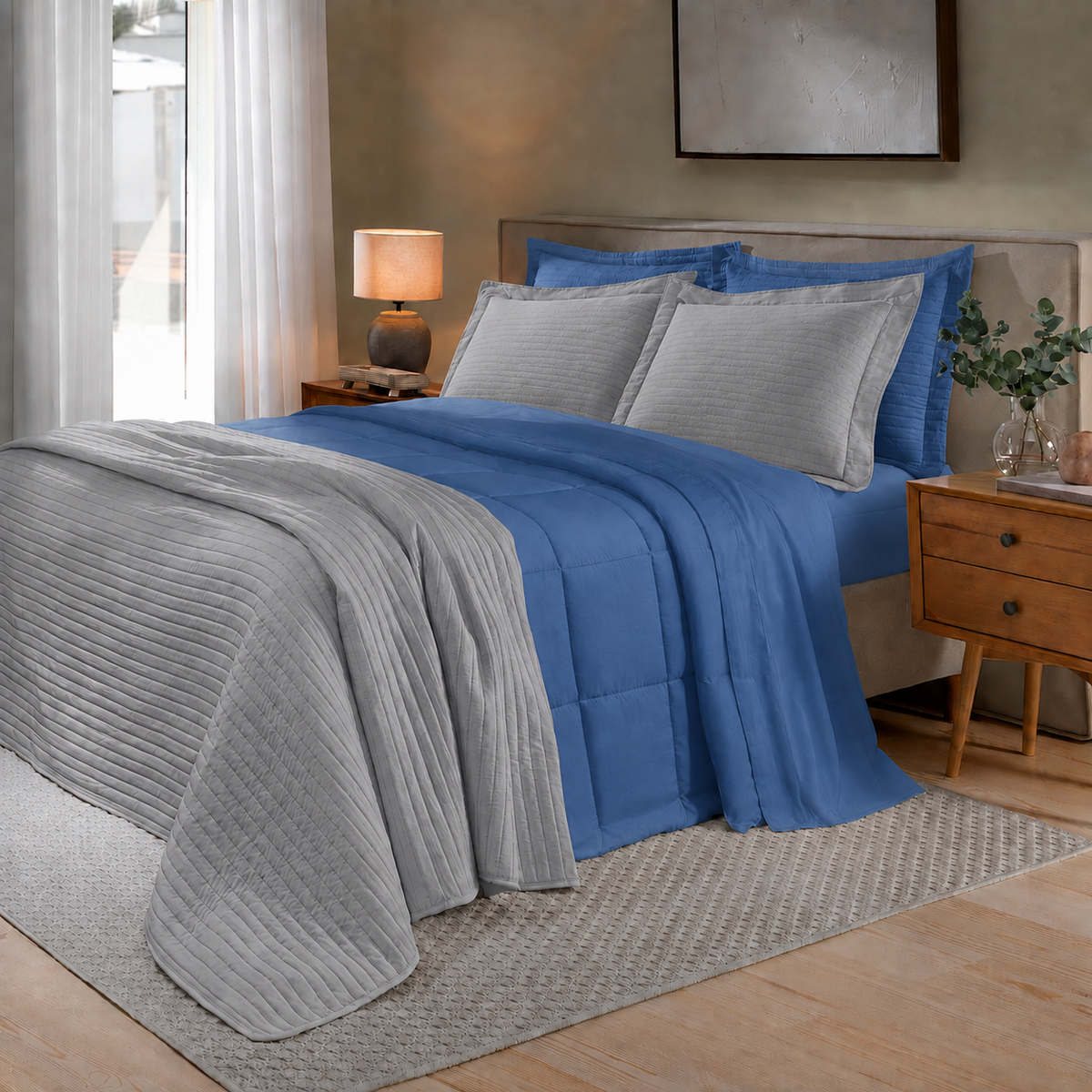 [10 PEÇAS] Jogo de Cama Siena 300 Fios 100% Algodão com Colcha e Manta Decorativa + Travesseiro de Cabeceira de Brinde