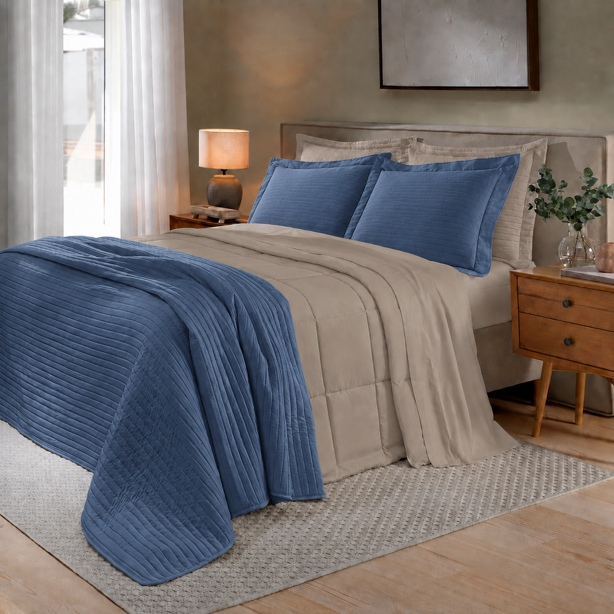 [10 PEÇAS] Jogo de Cama Siena 300 Fios 100% Algodão com Colcha e Manta Decorativa + Travesseiro de Cabeceira de Brinde