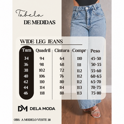 [COMPRE 2 E LEVE 4] Calça Jeans Wide Leg Feminina de Cintura Alta + Blusa de Manga Curta em Ribana Canelada de Brinde