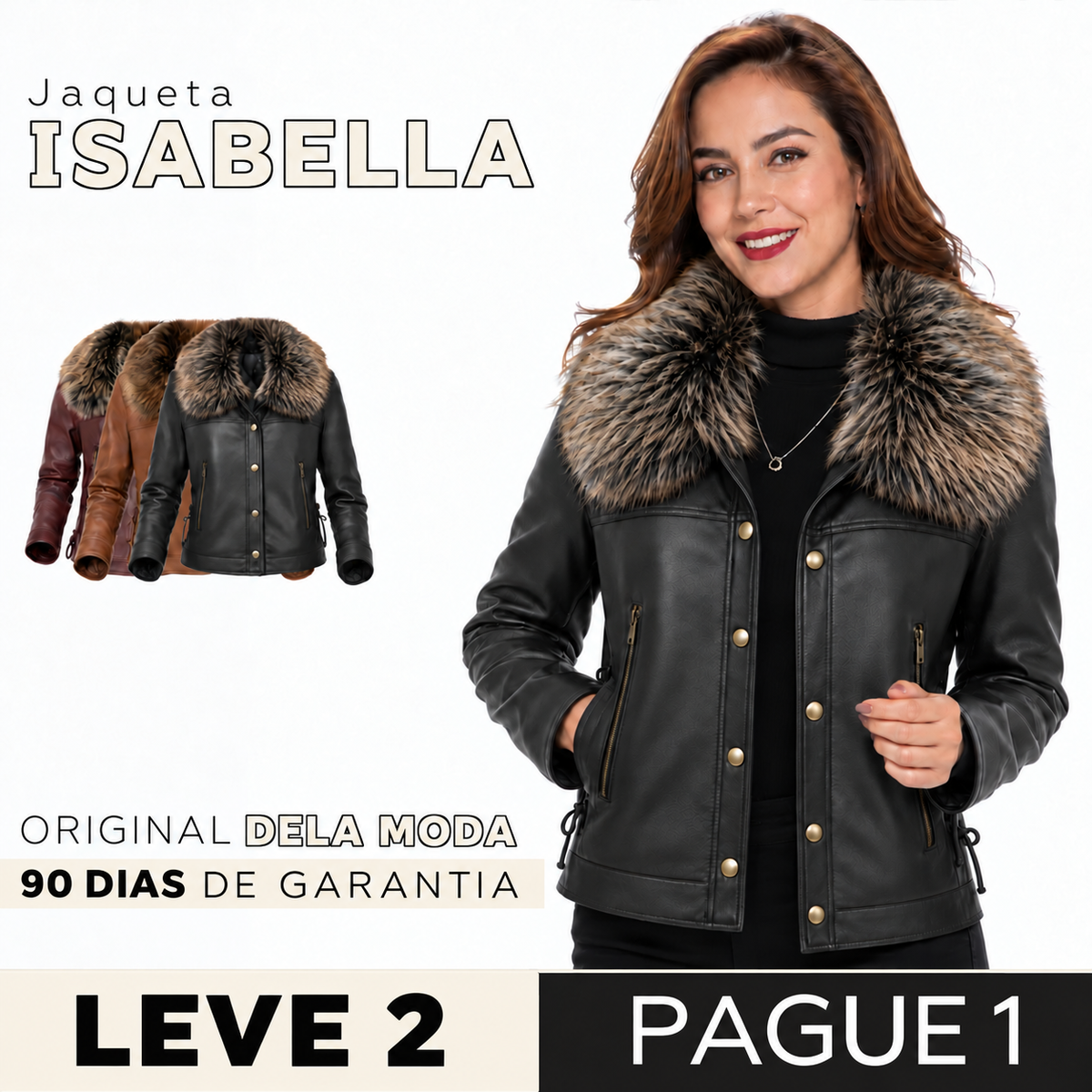 [COMPRE 1 E LEVE 2] Jaqueta Isabella de Couro Legítimo e Lã com Interior Forrado + Necessaire Organizadora de Brinde