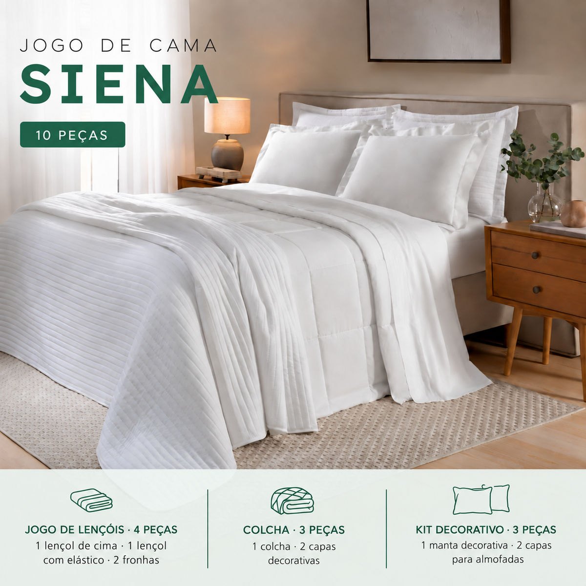 [10 PEÇAS] Jogo de Cama Siena 300 Fios 100% Algodão com Colcha e Manta Decorativa + Travesseiro de Cabeceira de Brinde