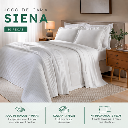 [10 PEÇAS] Jogo de Cama Siena 300 Fios 100% Algodão com Colcha e Manta Decorativa + Travesseiro de Cabeceira de Brinde