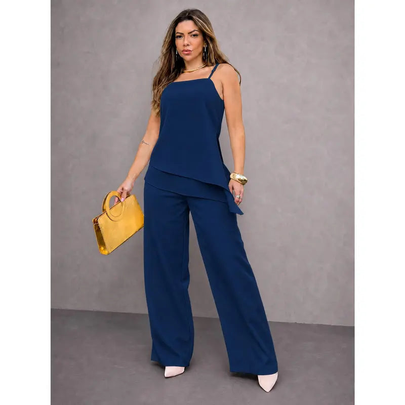 [COMPRE 1 E LEVE 3] Conjunto Feminino de Alfaiataria com Blusa de Alças e Calça Pantalona + Bolsa Transversal de Brinde