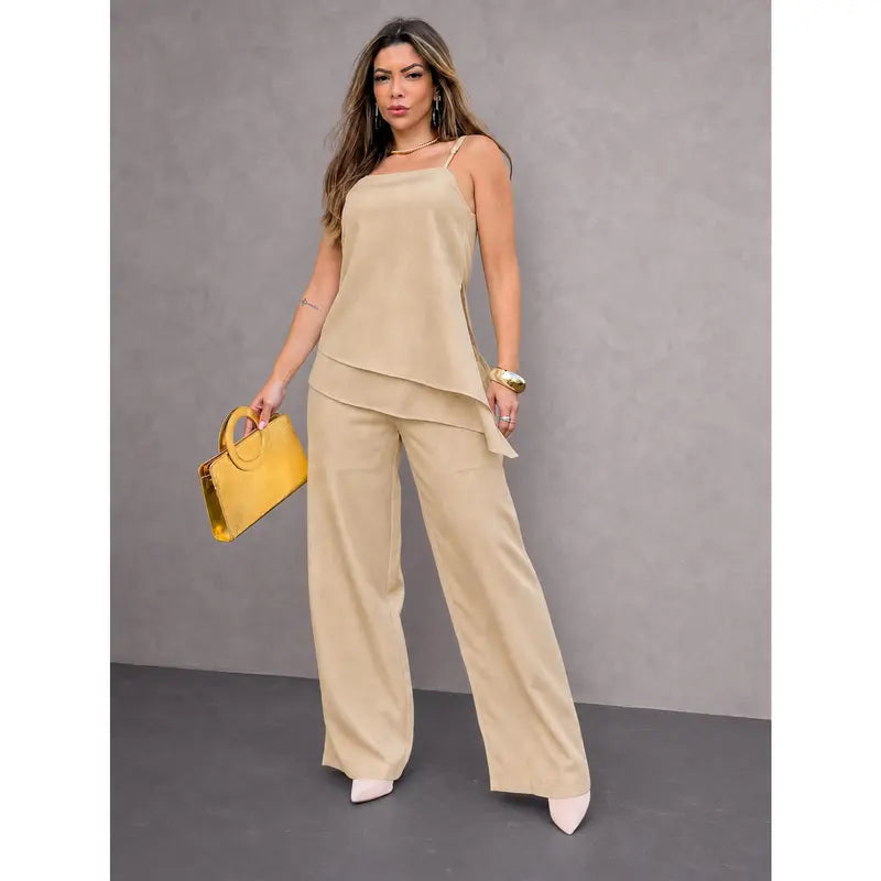 [COMPRE 1 E LEVE 3] Conjunto Feminino de Alfaiataria com Blusa de Alças e Calça Pantalona + Bolsa Transversal de Brinde