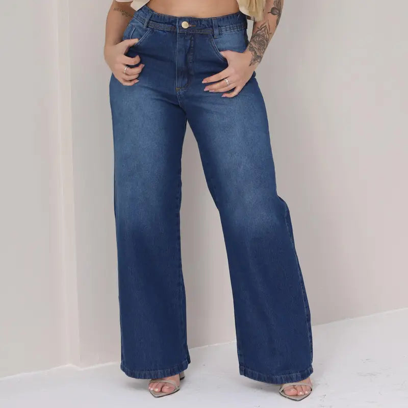 [COMPRE 2 E LEVE 4] Calça Jeans Wide Leg Feminina de Cintura Alta + Blusa de Manga Curta em Ribana Canelada de Brinde